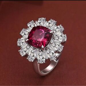 ✨925 sterling silver Elegant Silver and Red Gemstone Ring